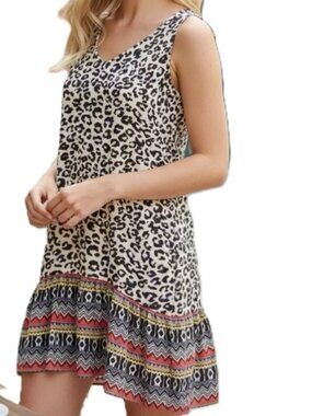 CABi Cheetah Leopard Print Boho Sleeveless Mini Swing Dress Womens Medium